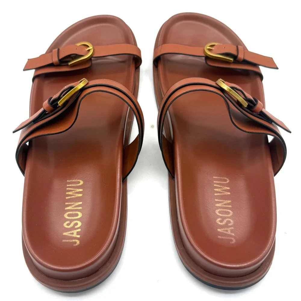 Jason Wu Sandals Women 10 Brown Excellent Leather Double Buckle Slide Shoes